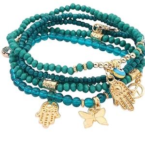 Hamsa Hand Butterfly Eye Beaded Bracelet Turquoise